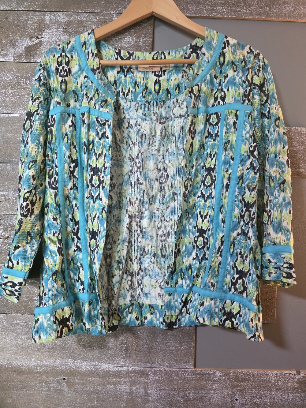 Choices Turquoise Multi-Color Open-Front Knit Cardigan